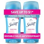 Secret Antiperspirant and Deodorant for Women, 24hr Sweat & Odor Protection, PH Balanced Protection, Gentle on Skin, Invisible Solid, Powder Fresh Scent, 2.6 oz (Pack of 2)