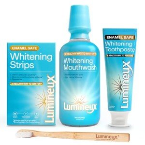 Lumineux Teeth Whitening Kit Peroxide Free for Whiter Teeth Includes 7 Whitening Treatments, 1 Mouthwash, 1 Toothpaste & 1 Bamboo Toothbrush, Dentist Formulated