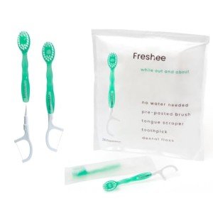 Freshee® 5 in 1 Disposable Mini Toothbrush with Toothpaste + Floss + Pick + Tongue Scraper | Travel Size | Individually Wrapped | Soft | Mint | Travel Set | Oral Care