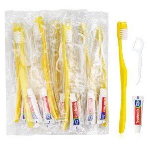 FAOEHN 50 pcs Disposable Toothbrushes with Toothpaste and Floss,Yellow Bulk Single Use Toothbrush Floss Pick Individually Wrapped Disposable Travel Toothbrushes Kit for Homeless,Airbnb,Hotel,Guest
