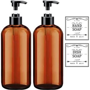 Soap Dispenser with Rust Proof Pump, Waterproof Labels (2 Pack,16 Oz) Bathroom, Plastic Hand Dish Soap Dispenser for Kitchen, Premium Thick Soap Pump Bottles (Amber)