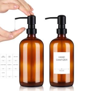 Alotpower Hand Soap Dispenser 16oz 2pack, Amber Glass Soap Dispenser with Black Pump for Liquid Lotion, Round Glass Soap Dispenser with Pump for Bathroom & Kitchen(16fl.oz Set of 2)