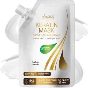 VITAMINS hair cosmetics Keratin Hair Mask Deep Conditioner - Biotin Collagen Protein & Castor Oil Repair for Dry Damaged Hair - Conditioning Treatment for Curly or Straight Thin Fine Locks