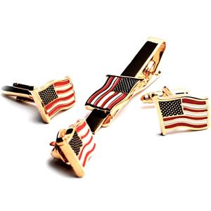 USA Flag Cufflinks and Tie Bar Set