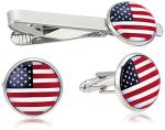 USA Flag Silver Cufflinks and Tie Bar Set