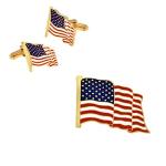 USA Flag Silver Cufflinks and Lapel Pin Set