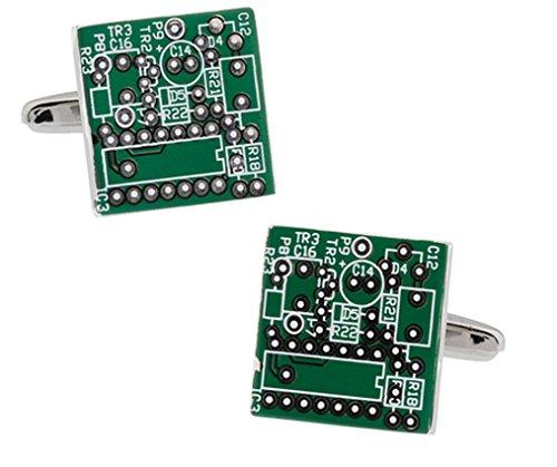 Green Circuit Board Silver Cufflinks in Gift Box