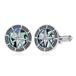 Compass Silver Cufflinks with Abalone Inlay