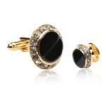 Black Enamel and Crystal Gold Cufflinks Set