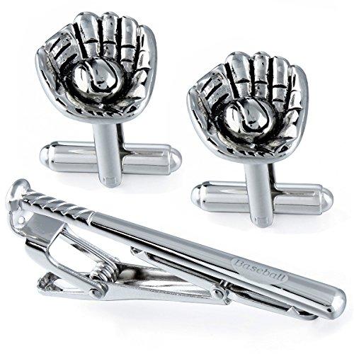 Men's Baseball Silver Cufflinks and Tie Bar Set