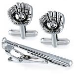 Men's Baseball Silver Cufflinks and Tie Bar Set