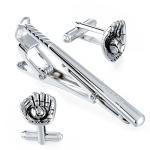 Men's Baseball Silver Cufflinks and Tie Bar Set