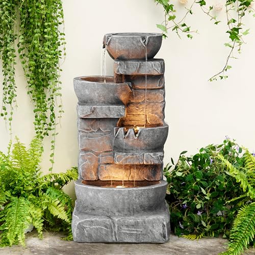 Gray Stacked Stone Waterfall Fountain with LED Lights - 33