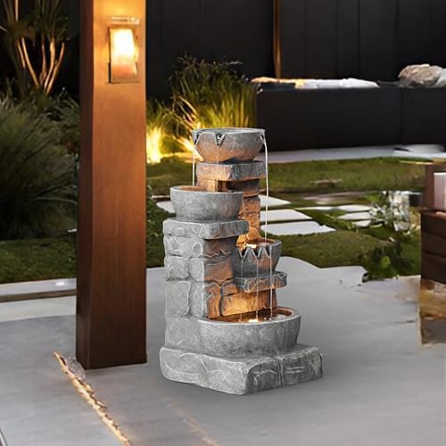 Gray Stacked Stone Waterfall Fountain with LED Lights - 33