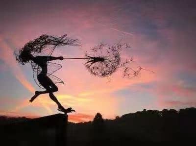 QUUERT Flower Fairy Elf Dancing with Dandelion Sculpture Angel Metal Craft Steel Wire Home Decoration Garden Figures Room Decoration,F
