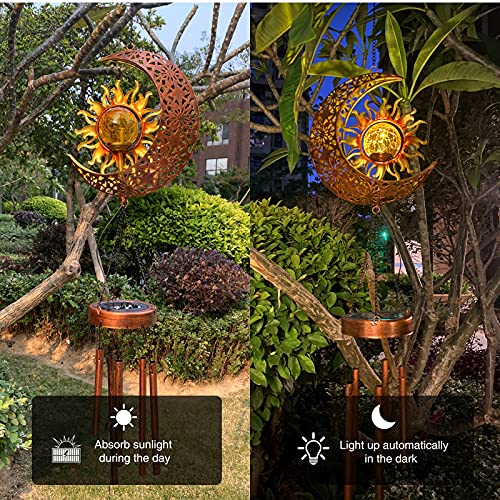 Solar Wind Chimes-Outdoor Outside Garden Decorative Wind Chime Light with Cracked Ball-Waterproof Metal LED Hanging Chime Decor (Moon&Sun)