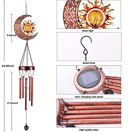 Solar Wind Chimes-Outdoor Outside Garden Decorative Wind Chime Light with Cracked Ball-Waterproof Metal LED Hanging Chime Decor (Moon&Sun)