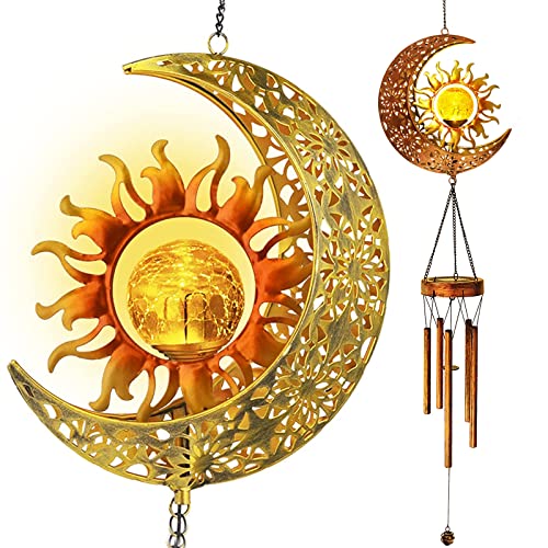 Solar Wind Chimes-Outdoor Outside Garden Decorative Wind Chime Light with Cracked Ball-Waterproof Metal LED Hanging Chime Decor (Moon&Sun)