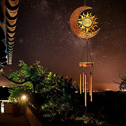 Solar Wind Chimes-Outdoor Outside Garden Decorative Wind Chime Light with Cracked Ball-Waterproof Metal LED Hanging Chime Decor (Moon&Sun)