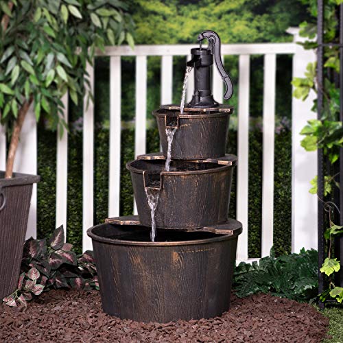 Alpine Barrel Waterfall Fountain, 22"x25"x40", Brown