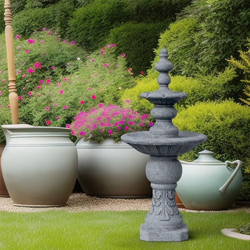 Teamson Home 2 Tiered ICY Stone Zen Floor Pedestal Waterfall Fountain with Pump for Outdoor Patio Garden Backyard Decking Décor, 53 inch Height, Stone Gray