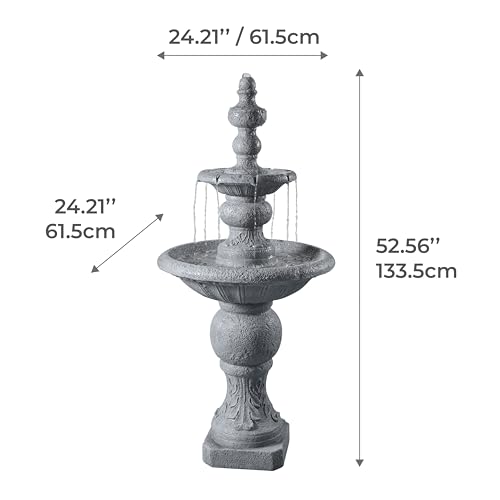 Teamson Home 2 Tiered ICY Stone Zen Floor Pedestal Waterfall Fountain with Pump for Outdoor Patio Garden Backyard Decking Décor, 53 inch Height, Stone Gray