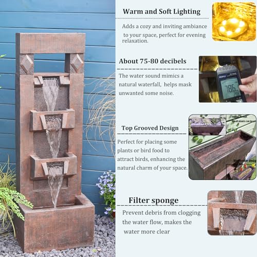 40.94' Outdoor Water Fountain with Lights, 4 Tier Garden Décor