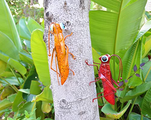 Metal Grasshopper Figurine Yard Art Decoration Set (Red&Yellow)