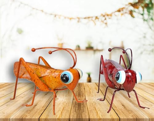 Metal Grasshopper Figurine Yard Art Decoration Set (Red&Yellow)