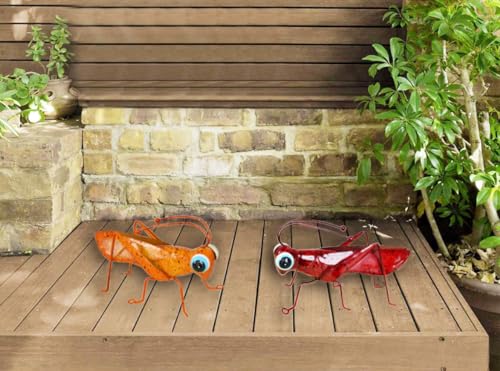 Metal Grasshopper Figurine Yard Art Decoration Set (Red&Yellow)