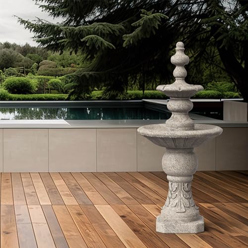Teamson Home 2 Tiered ICY Stone Zen Floor Pedestal Waterfall Fountain with Pump for Outdoor Patio Garden Backyard Decking Décor, 53 inch Height, Stone Gray