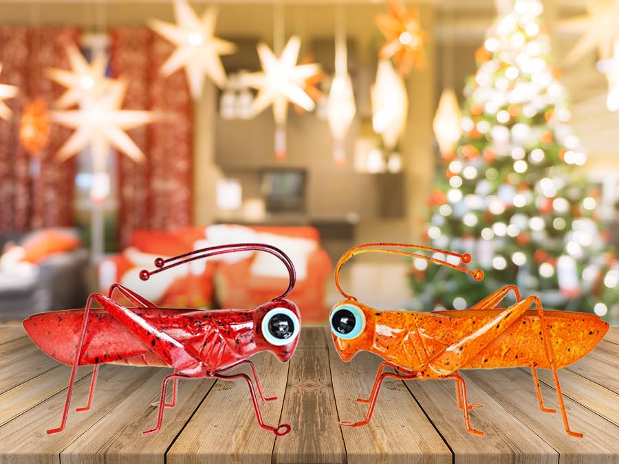 Metal Grasshopper Figurine Yard Art Decoration Set (Red&Yellow)