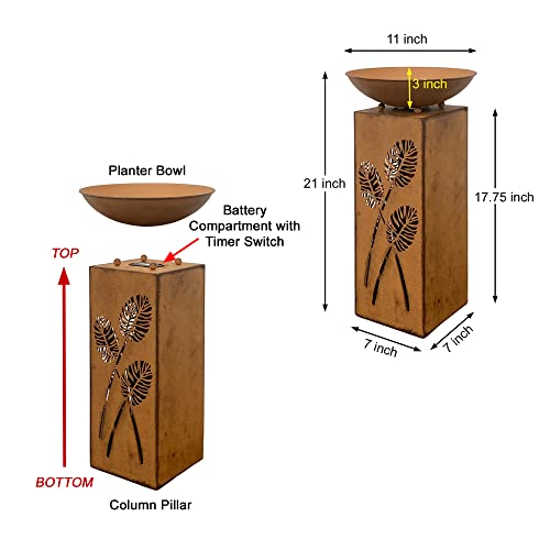 Rustic LED Pillar Garden Statue with Planter Dish