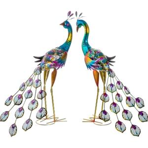 Blue Metal Peacock Garden Statues (2 Pieces)