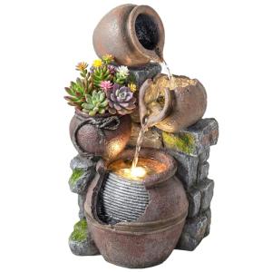 Four-Tier Rustic Pot Outdoor Fountain with LED