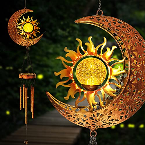 Solar Wind Chimes-Outdoor Outside Garden Decorative Wind Chime Light with Cracked Ball-Waterproof Metal LED Hanging Chime Decor (Moon&Sun)