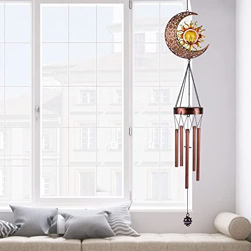 Solar Wind Chimes-Outdoor Outside Garden Decorative Wind Chime Light with Cracked Ball-Waterproof Metal LED Hanging Chime Decor (Moon&Sun)