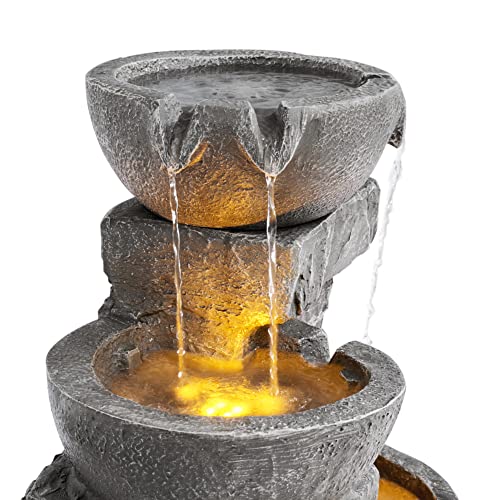 Gray Stacked Stone Waterfall Fountain with LED Lights - 33