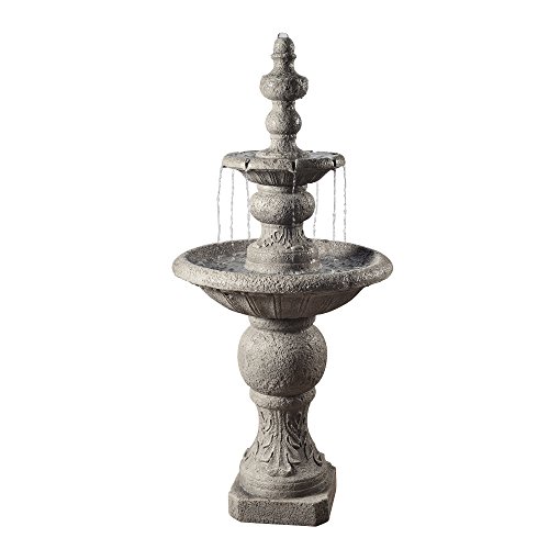 Teamson Home 2 Tiered ICY Stone Zen Floor Pedestal Waterfall Fountain with Pump for Outdoor Patio Garden Backyard Decking Décor, 53 inch Height, Stone Gray