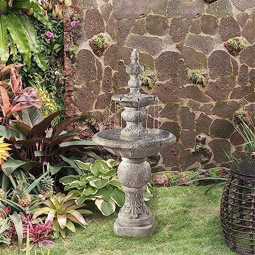 Teamson Home 2 Tiered ICY Stone Zen Floor Pedestal Waterfall Fountain with Pump for Outdoor Patio Garden Backyard Decking Décor, 53 inch Height, Stone Gray
