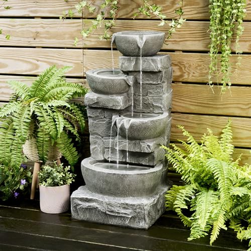 Gray Stacked Stone Waterfall Fountain with LED Lights - 33