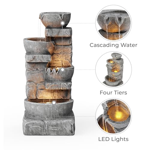Gray Stacked Stone Waterfall Fountain with LED Lights - 33