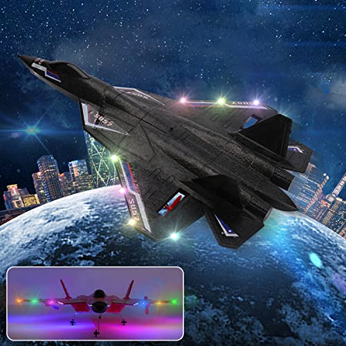 ONMDQS Su57 Remote Control Plane, 2.4GHz 2CH RC Plane Built-in Gyro, Led, Foam Airplane Toys for Kids (Black)