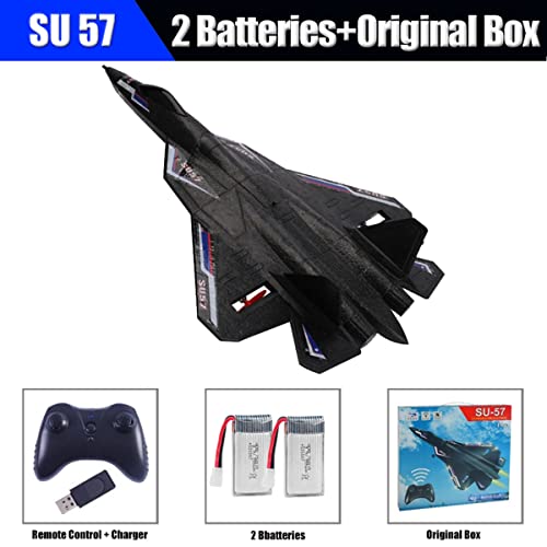 ONMDQS Su57 Remote Control Plane, 2.4GHz 2CH RC Plane Built-in Gyro, Led, Foam Airplane Toys for Kids (Black)