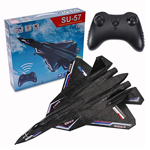 ONMDQS Su57 Remote Control Plane, 2.4GHz 2CH RC Plane Built-in Gyro, Led, Foam Airplane Toys for Kids (Black)