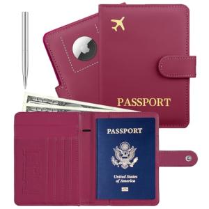 Rose Red RFID Passport Holder with AirTag Slot
