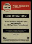 Willie Randolph 2022 Topps Chrome Auto Aqua 039/150