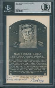 Max Carey Autographed HOF Plaque Postcard