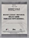 2026 Topps Series 1 GERRIT COLE Major League Materials Relic Blue /150 #MLM-GC