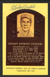 YELLOW HALL OF FAME POSTCARD STAN COVELESKI INDIANS SIGNED AUTOGRAPHED